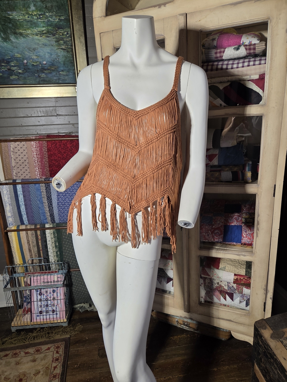 Fringed Crochet Camisole Tank Top - Rust Orange
